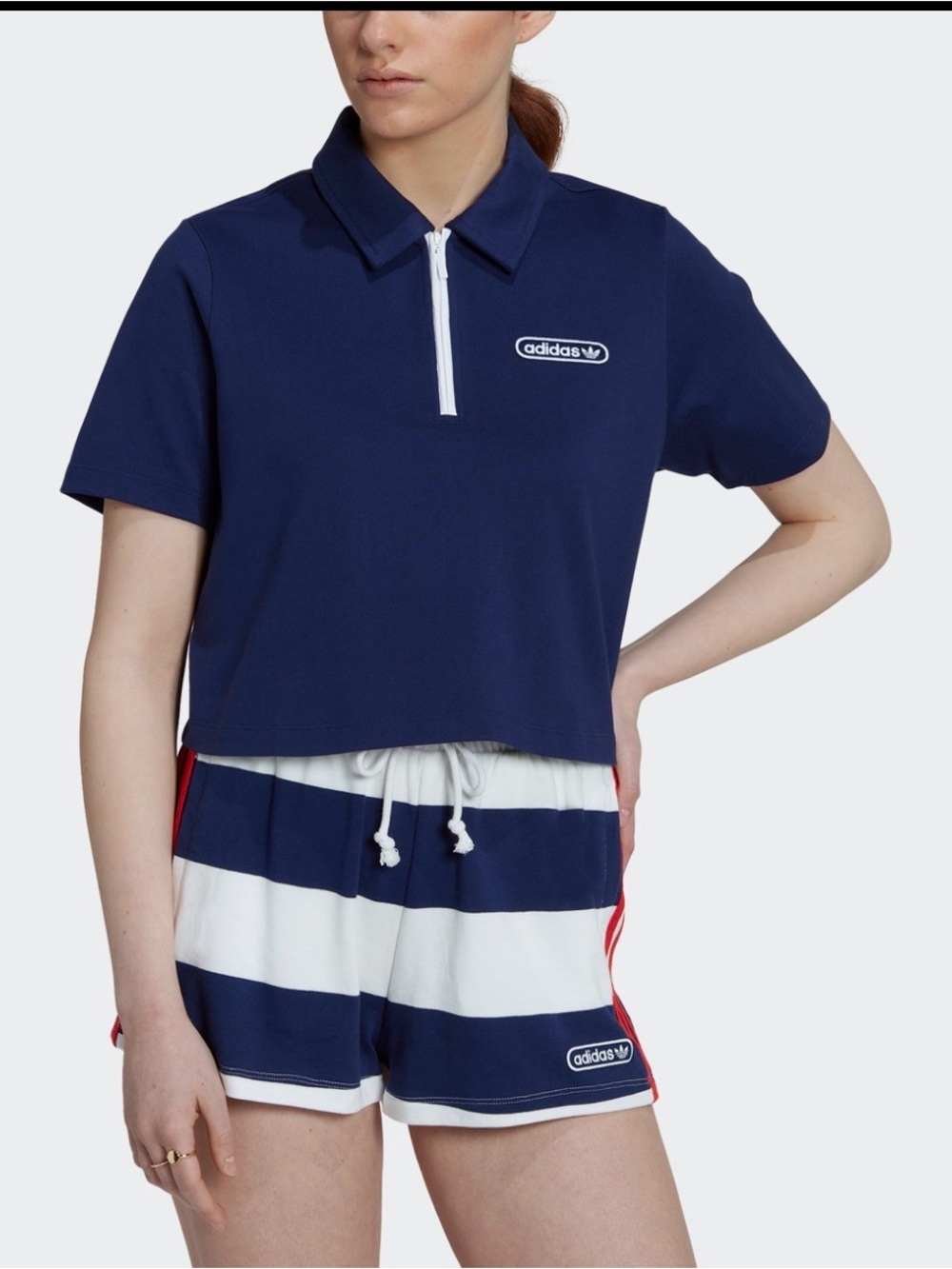 adidas Originals Navy Cropped Zip Polo Top with White Trim